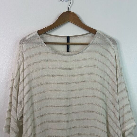IC By Connie K Beige Striped Linen Blend Asymmetrical Blouse Womens Size M Artsy - Picture 2 of 12